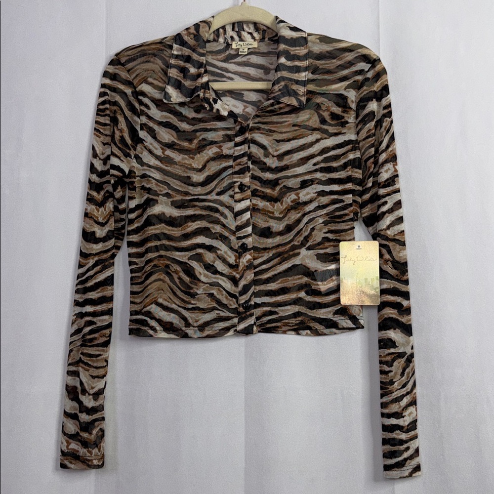 Lily White Cropped Sheer Brown Black & Cream Zebra-Print Button-Down Shirt